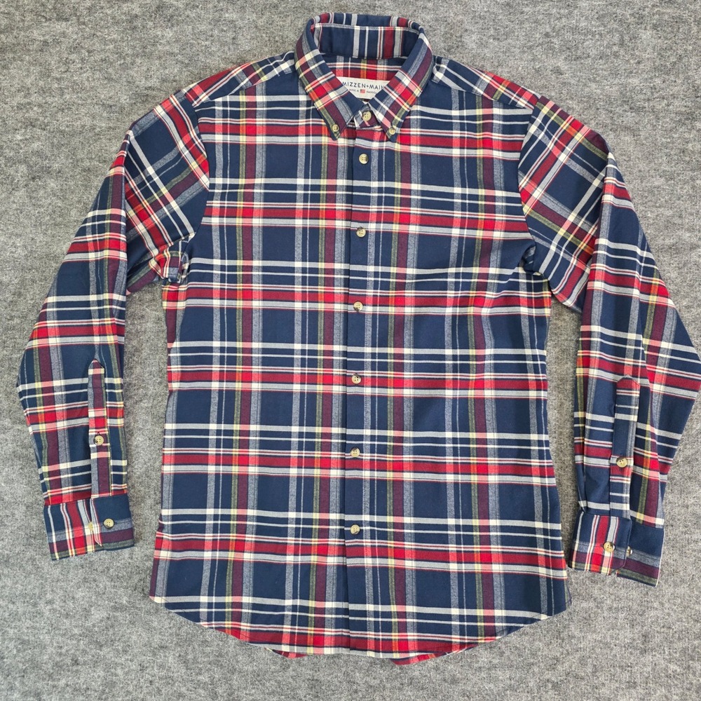 Mizzen+Main Redmond Flannel Shirt Men Medium Trim Fit Blue Red Plaid Button Down